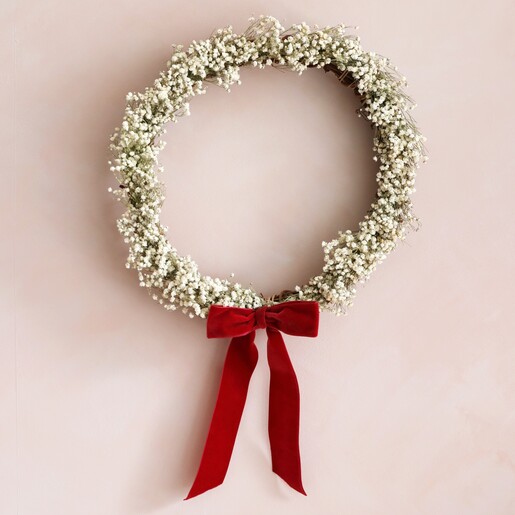 Natural Gypsophila Dried Flower Wreath Hanging on Pink Wall