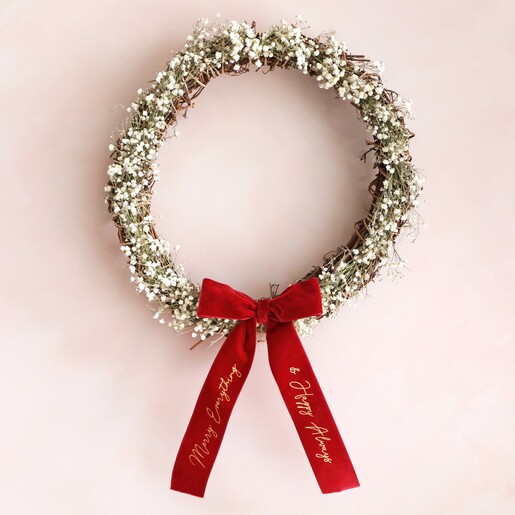 Personalised Natural Gypsophila Dried Flower Wreath Hanging on Pink Wall