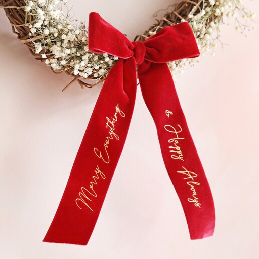 Personalised Red Velvet Bow on Natural Gypsophila Dried Flower Wreath