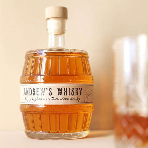 Personalised 50cl Whisky Barrel against Neutral Background with Glass in the Foreground