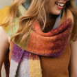 Close Up of Model Wearing Burgundy and Mustard Check Winter Scarf