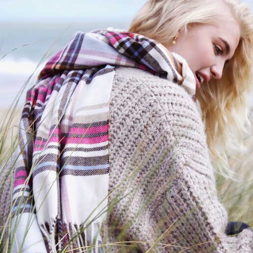 Back of Model Wearing Colourful Tartan Winter Scarf