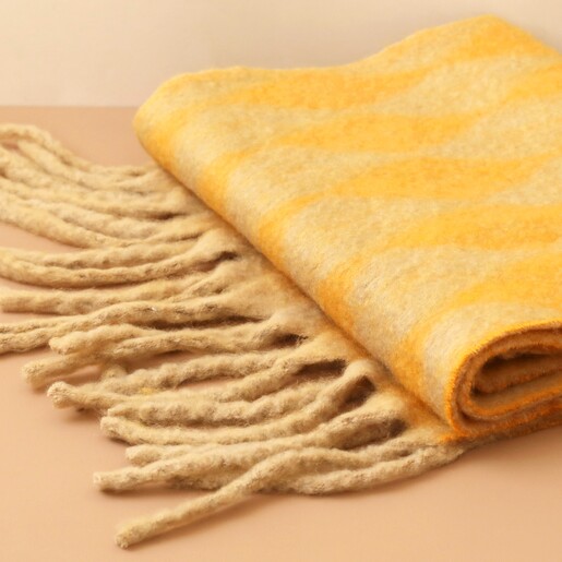 Close Up of Tassels on the Mustard Harlequin Winter Scarf