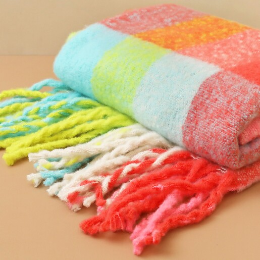 Neon Brights Check Winter Scarf Folded Up with Tassels Loose