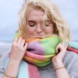 Model Wearing Neon Brights Check Winter Scarf at Beach