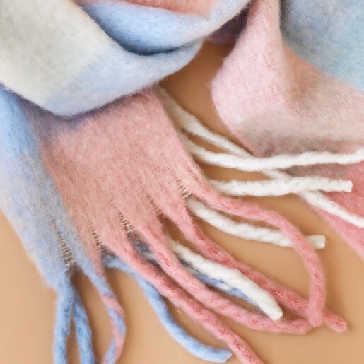 Scarf Tassels Close Up of Tassels on the Pastel Multicoloured Check Winter Scarf