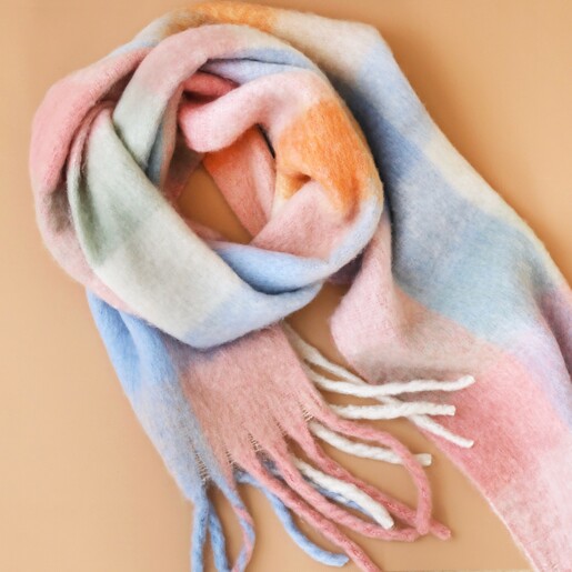 Pastel Multicoloured Check Winter Scarf Pastel Multicoloured Check Winter Scarf Looped on Neutral Background