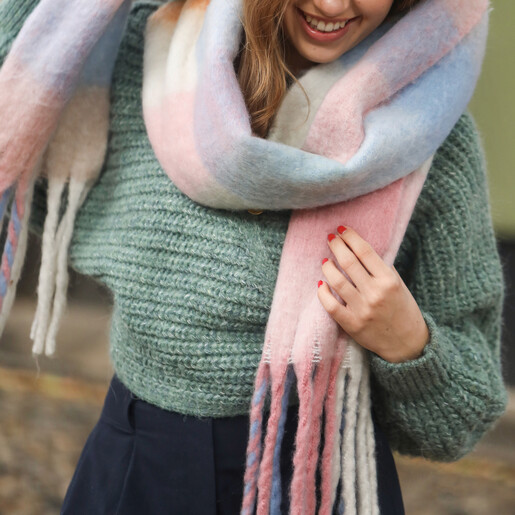 Model Wearing Scarf Pastel Multicoloured Check Winter Scarf on Model