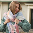 Model Wearing Pastel Multicoloured Check Winter Scarf over Green Jumper