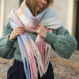Model Wrapped Up in Pastel Multicoloured Check Winter Scarf