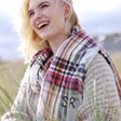Blonde Model at Beach Wearing Personalised Colourful Tartan Winter Scarf