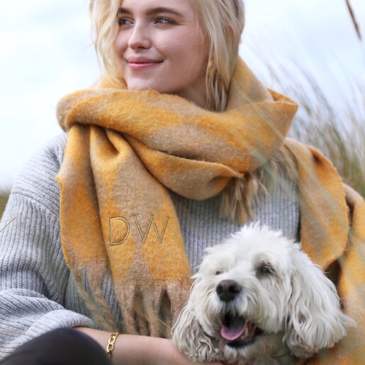 Model Wearing Personalised Mustard Harlequin Winter Scarf at Beach