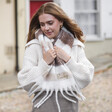 Brunette Model Wearing Personalised Neutral Striped Winter Scarf over White Knitted Jumper