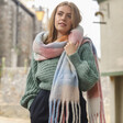 Model Wearing Personalised Pastel Multicoloured Check Winter Scarf over Green Jumper