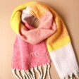 Personalised Pink Sunset Block Winter Scarf Looped on Neutral Surface