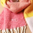 Close Up of Tassels and Initials on the Personalised Pink Sunset Block Winter Scarf