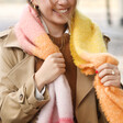 Personalised Pink Sunset Block Winter Scarf Worn by Model over Beige Coat