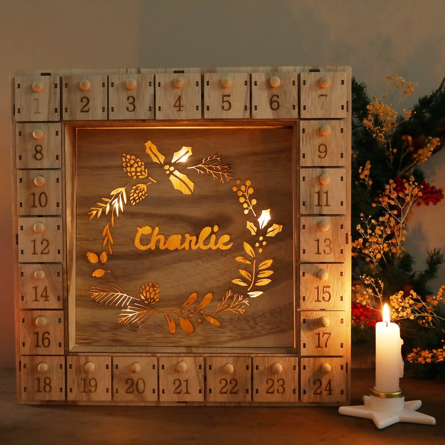 Personalised Wreath Wooden Advent Calendar Light | Lisa Angel