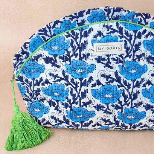 Close Up of Print on My Doris Blue Block Print Wash Bag