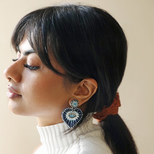 My Doris Eye Love You Navy Beaded Heart Drop Earrings worn by Brunette Model