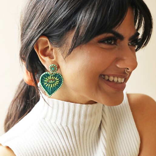 Model Wearing My Doris Eye Love You Teal Beaded Heart Drop Earrings