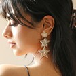 Model Wearing My Doris Silver Star Beaded Drop Earrings Head Turned to Side