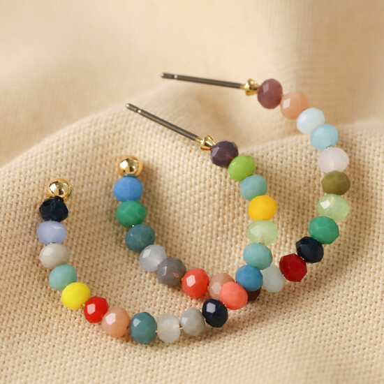 Small Colourful Beaded Hoop Earrings in Gold