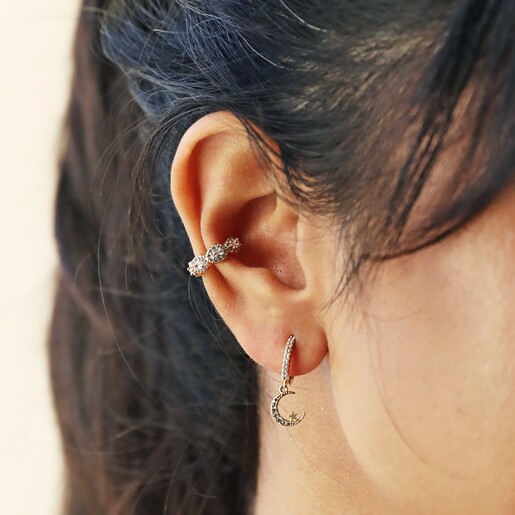 Model Wears Crystal Scalloped Ear Cuff in Gold With Celestial Hoops