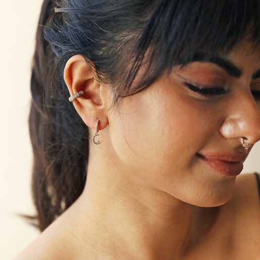Crystal Scalloped Ear Cuff in Gold on Model Worn With Other Earrings
