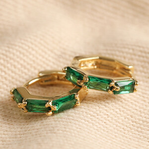Green Baguette Crystal Huggie Hoop Earrings in Gold