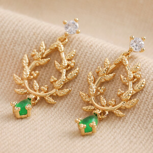 Green Stone and Crystal Fern Drop Earrings in Gold