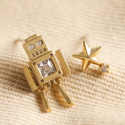 Mismatched Robot and Star Stud Earrings in Gold