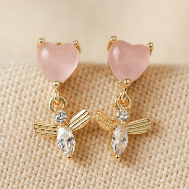 Pink Crystal Heart and Bee Drop Earrings in Gold Pink Crystal Heart and Bee Drop Earrings in Gold