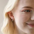 Blonde Model Wearing Pink Crystal Heart and Bee Drop Earrings in Gold