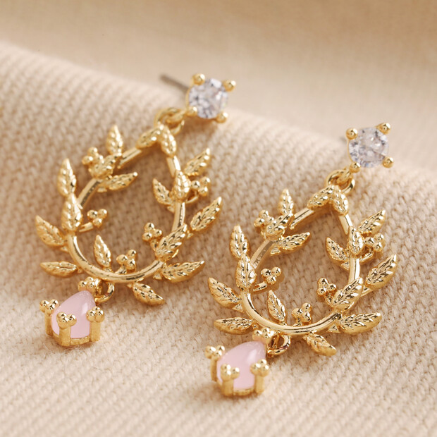 Pink Stone and Crystal Fern Drop Earrings in Gold Pink Stone and Crystal Fern Drop Earrings in Gold