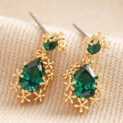 Small Gold Flower and Green Crystal Drop Earrings