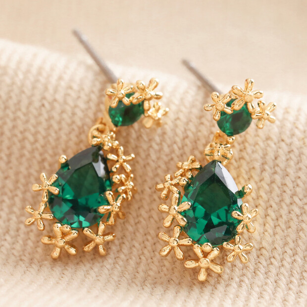 Small Gold Flower and Green Crystal Drop Earrings Small Gold Flower and Green Crystal Drop Earrings