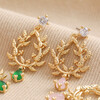 Pink Stone and Crystal Fern Drop Earrings in Gold with Other Colour Available in Green