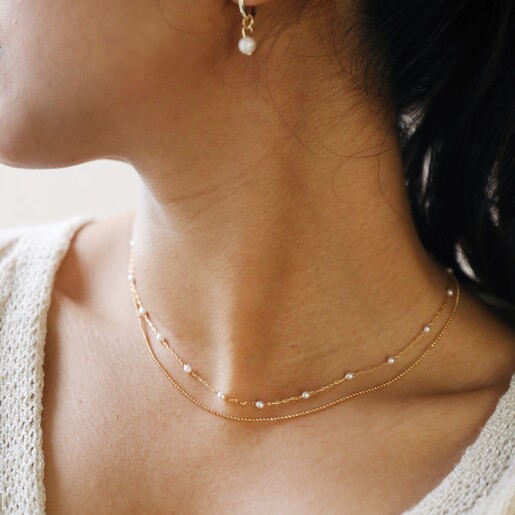 Tiny Seed Pearl Layered Chain Necklace in Gold | Lisa Angel