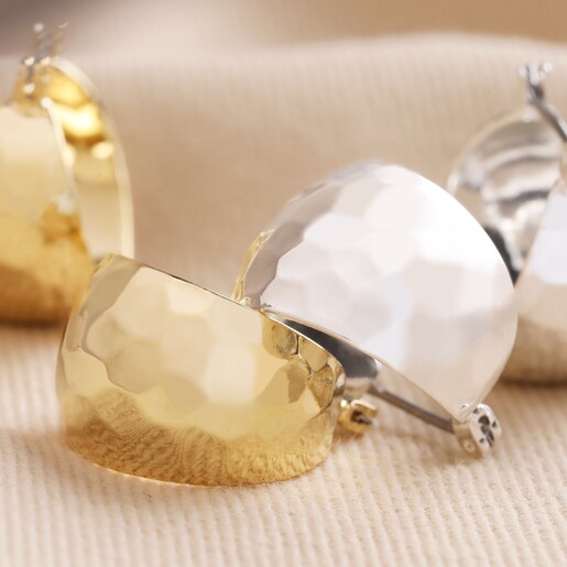 Wide Hammered Hoop Earrings in Gold With Silver Version