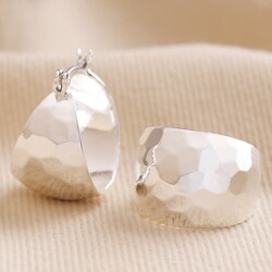 Wide Hammered Hoop Earrings in Silver