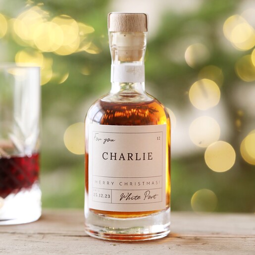 Personalised 100ml Merry Christmas Port with white port inside and Charlie personalisation