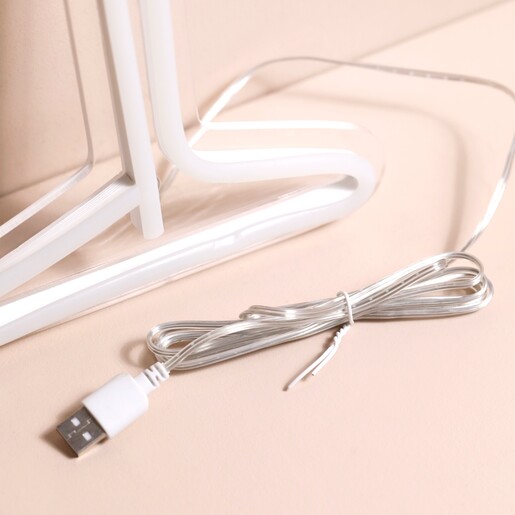 Close up of USB cable on Cocktail Glass Neon LED Wall Light in Pink