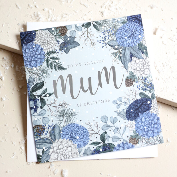 Amazing Mum Blue Floral Christmas Card Amazing Mum Blue Floral Christmas Card