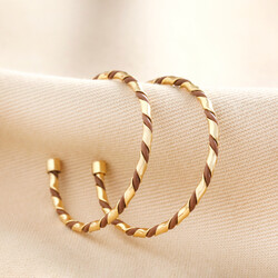 Brown Enamel Twisted Hoop Earrings in Gold