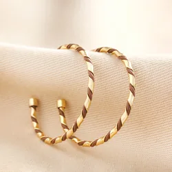 Brown Enamel Twisted Hoop Earrings in Gold