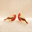 Enamel Robin Stud Earrings in Gold on Beige Fabric