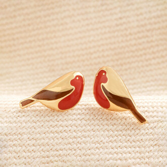 Enamel Robin Stud Earrings in Gold