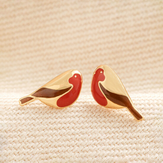 Enamel Robin Stud Earrings in Gold 