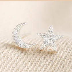 Moon and Star Crystal Stud Earrings in Silver